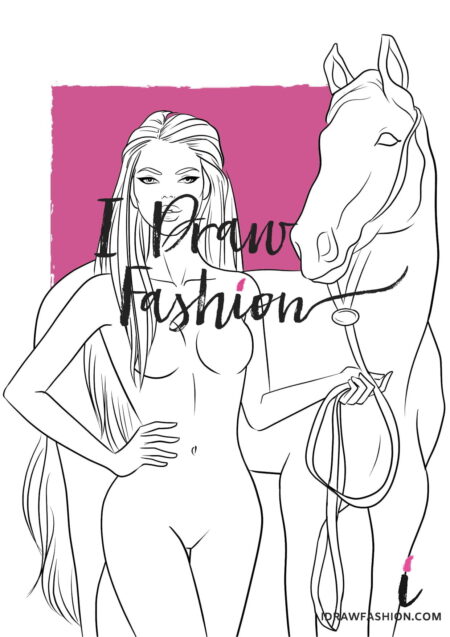 Equestrian fashion template - woman croqui with a horse